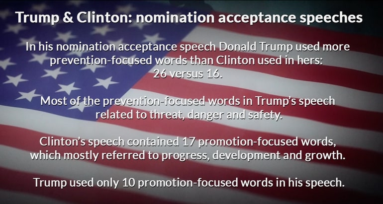 Slide displaying the use by Trump and Clinton of promotion or prevention-oriented words in their speeches