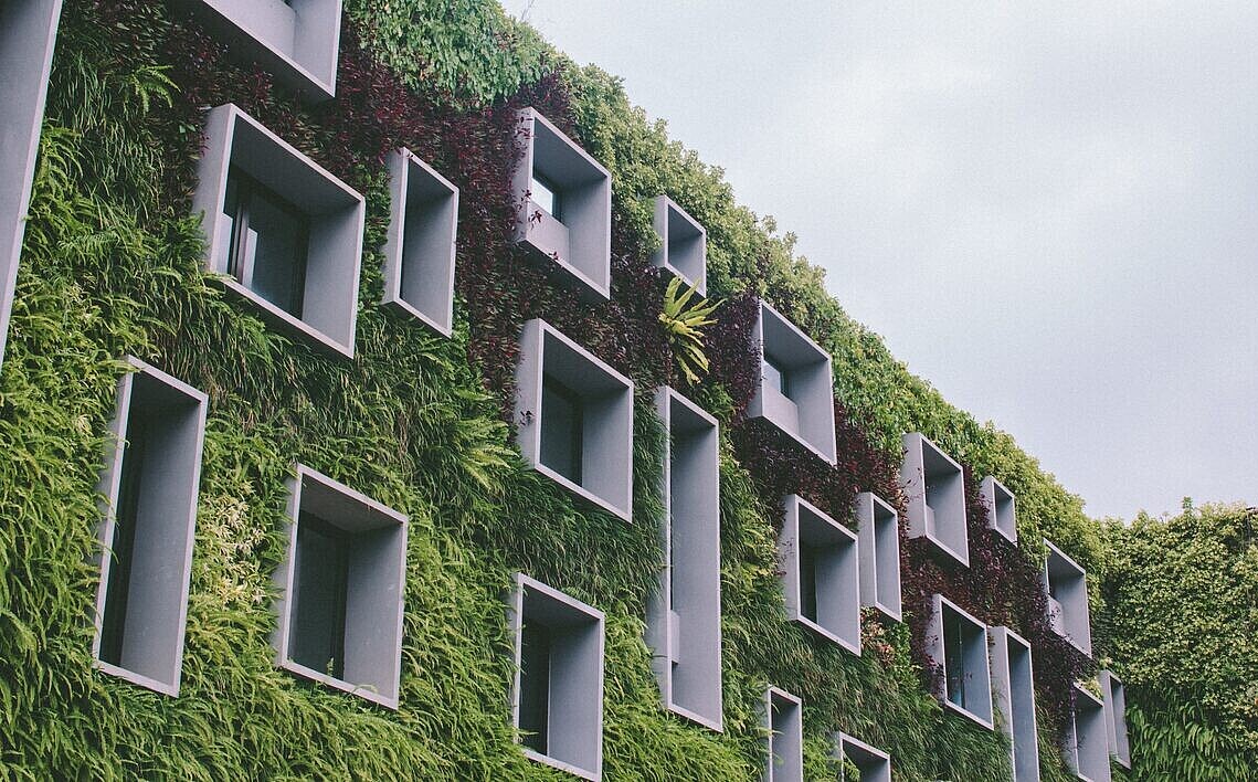 A building with many windows surrounded by plants