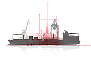 An industrial boat is drawn with arrows pointing different ways