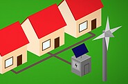 Three houses connected to a computer, referring to being connected to green energy together