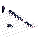 Figures standing at a line to race each other, but one has a headstart