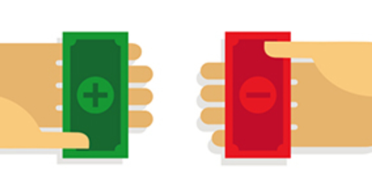 Two hands exchanging money bills: one green with a plus sign, representing a gain, and the other red with a minus sign, indicating a loss.