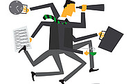 Man depicted with multiple arms and legs, each engaged in different activities, symbolizing extreme multitasking and hectic pace.