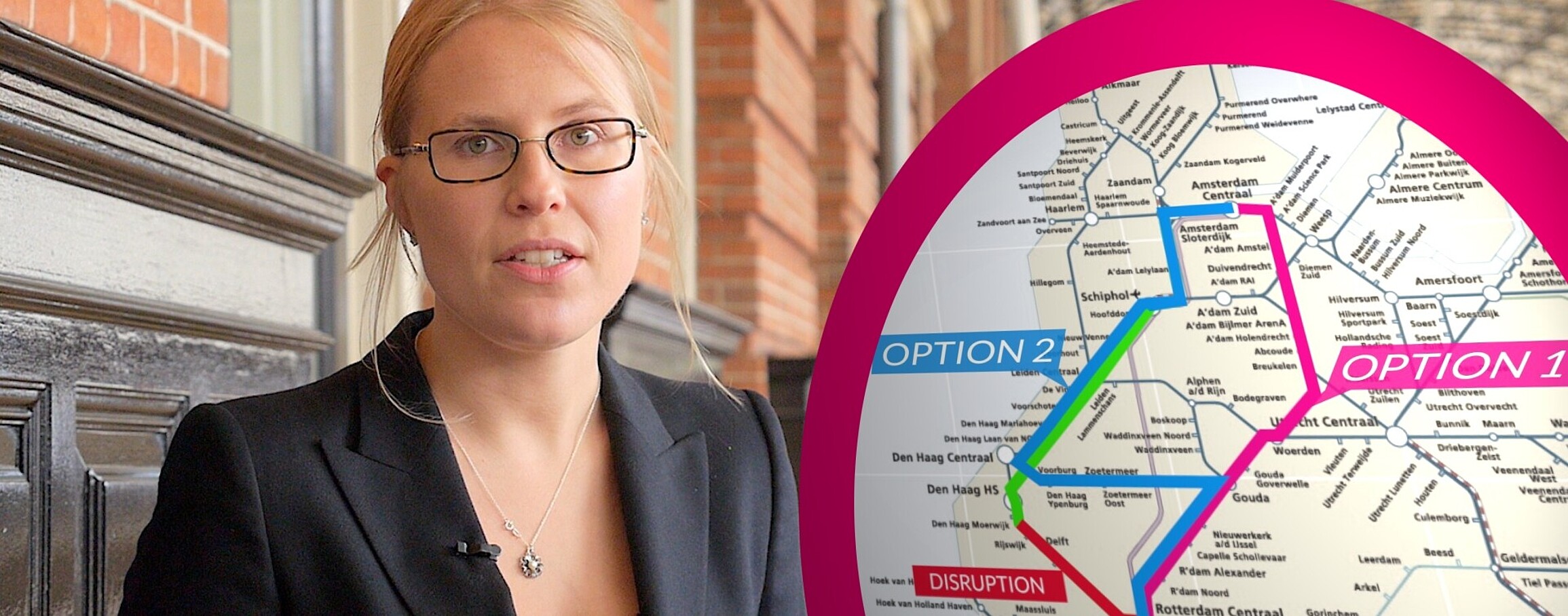 A women next to a board which subscribes an alternative for public transportation.