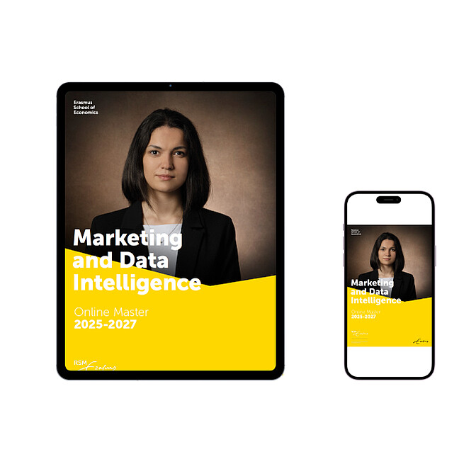 Mock-up of a smartphone and tablet showcasing the Rotterdam School of Management Online Master in Marketing and Data Intelligence brochure interface.