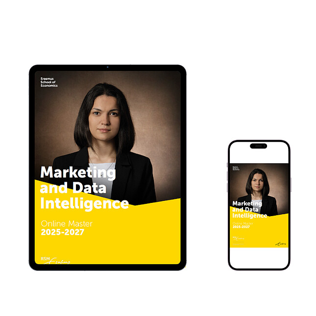 Mock-up of a smartphone and tablet showcasing the Rotterdam School of Management Online Master in Marketing and Data Intelligence brochure interface.