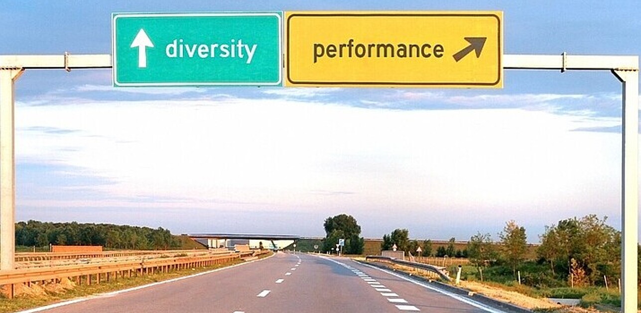 High way signs stating diversity and performance.