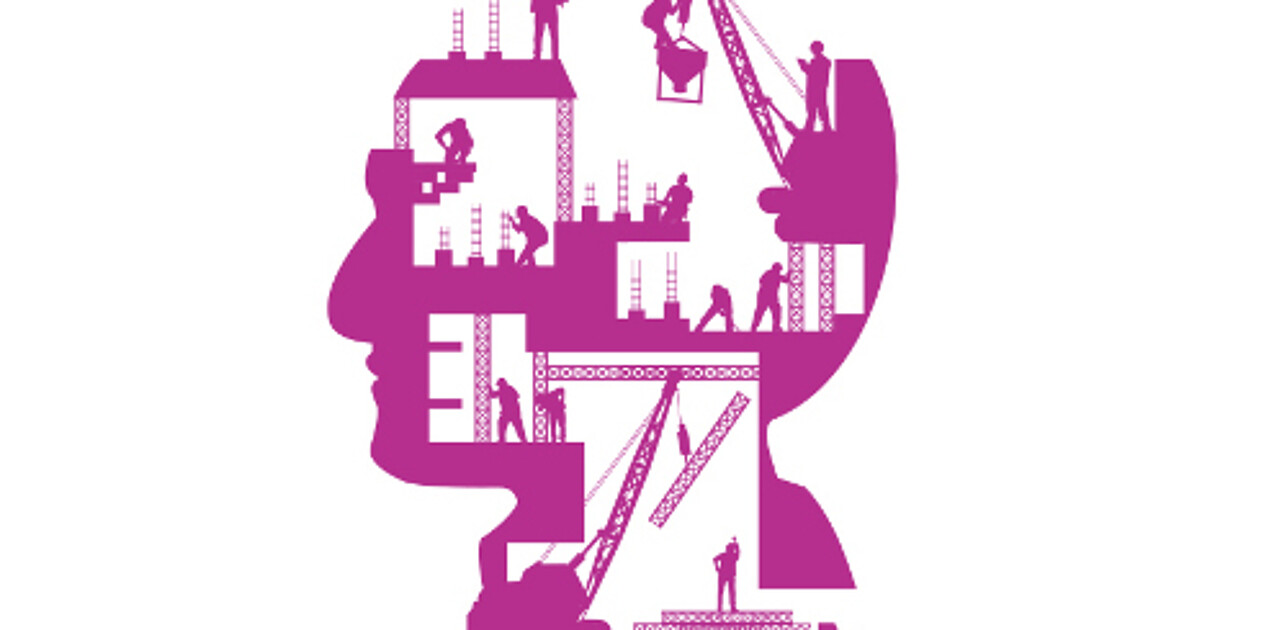 Stylized illustration of a human head profile containing a construction site, symbolizing the process of building or restructuring thoughts and ideas.