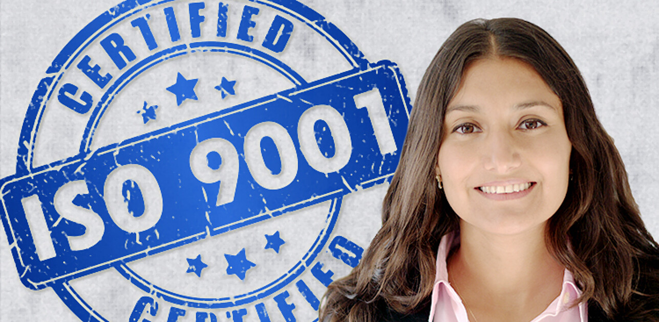 ISO 9001 certified stamp alongside a smiling woman.
