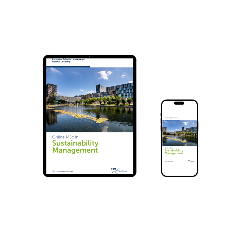Mock-up of a smartphone and tablet showcasing the Rotterdam School of Management Online Master in Sustainability Management brochure interface.