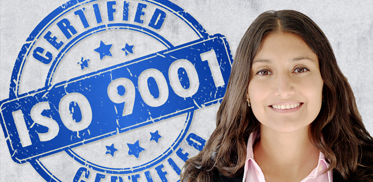 ISO 9001 certified stamp alongside a smiling woman.