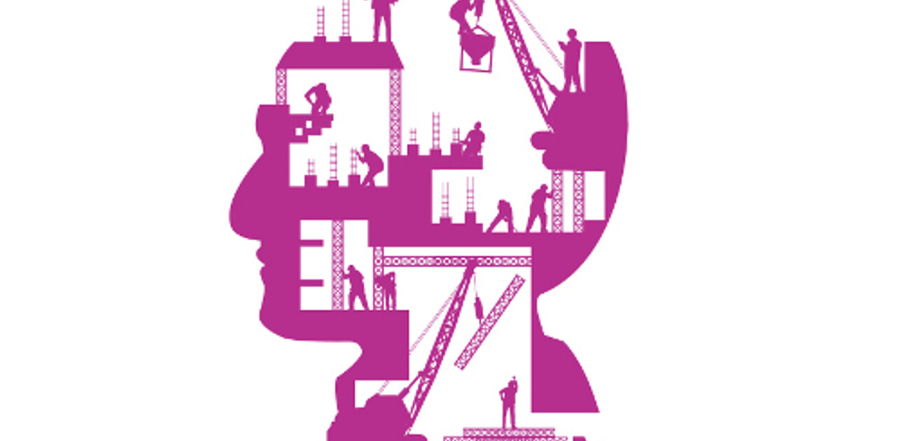 Stylized illustration of a human head profile containing a construction site, symbolizing the process of building or restructuring thoughts and ideas.