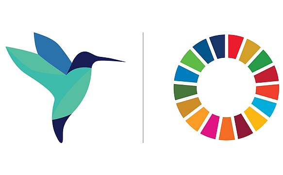 A stylized hummingbird next to a circular icon representing the UN Sustainable Development Goals, arranged in a colorful wheel.