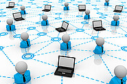 A network illustration of numerous laptops linked together with lines, interspersed with human figures, symbolizing global digital connectivity.