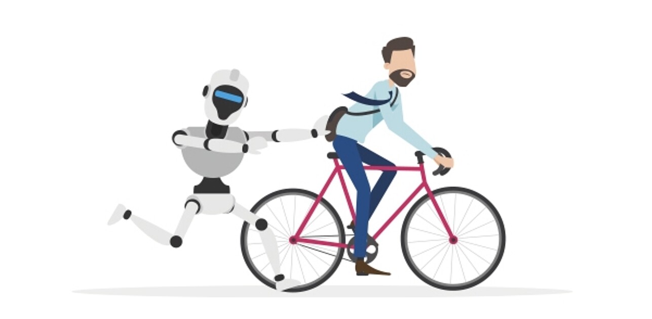 Man on bicycle is chased by robot.