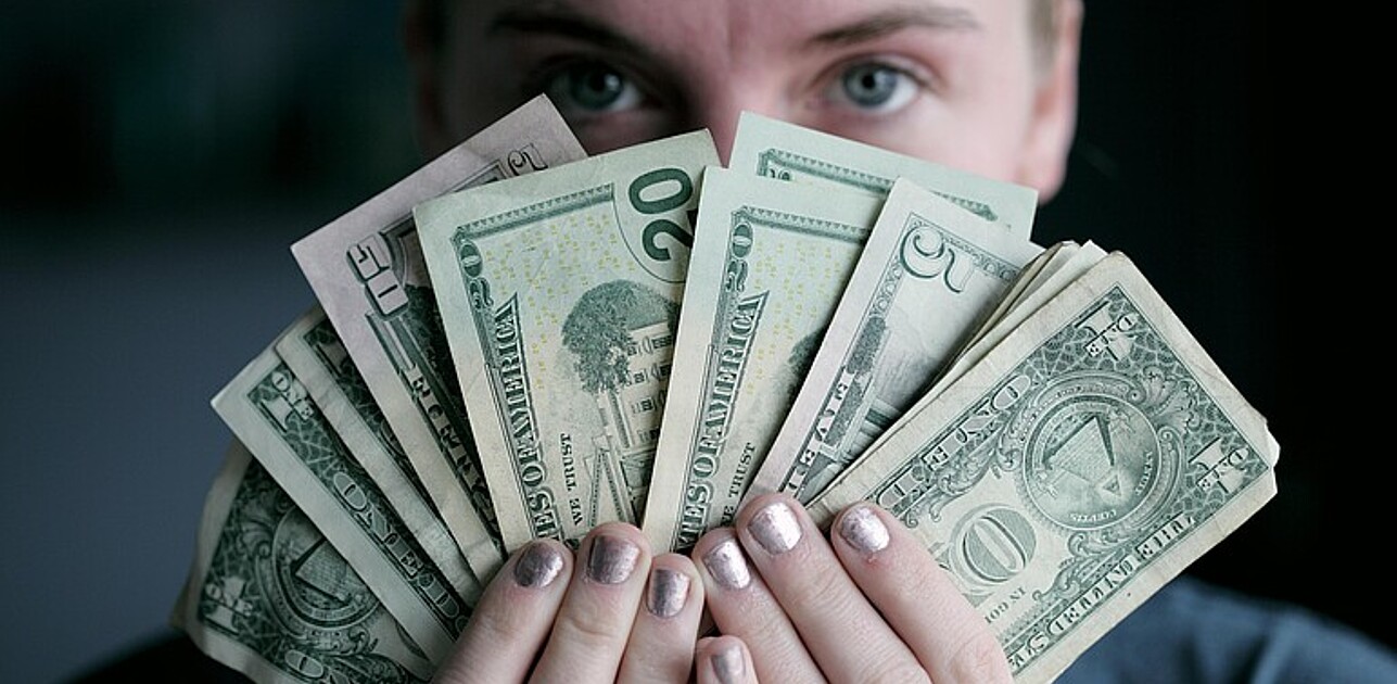 Person holding dollar bills in front of their face.