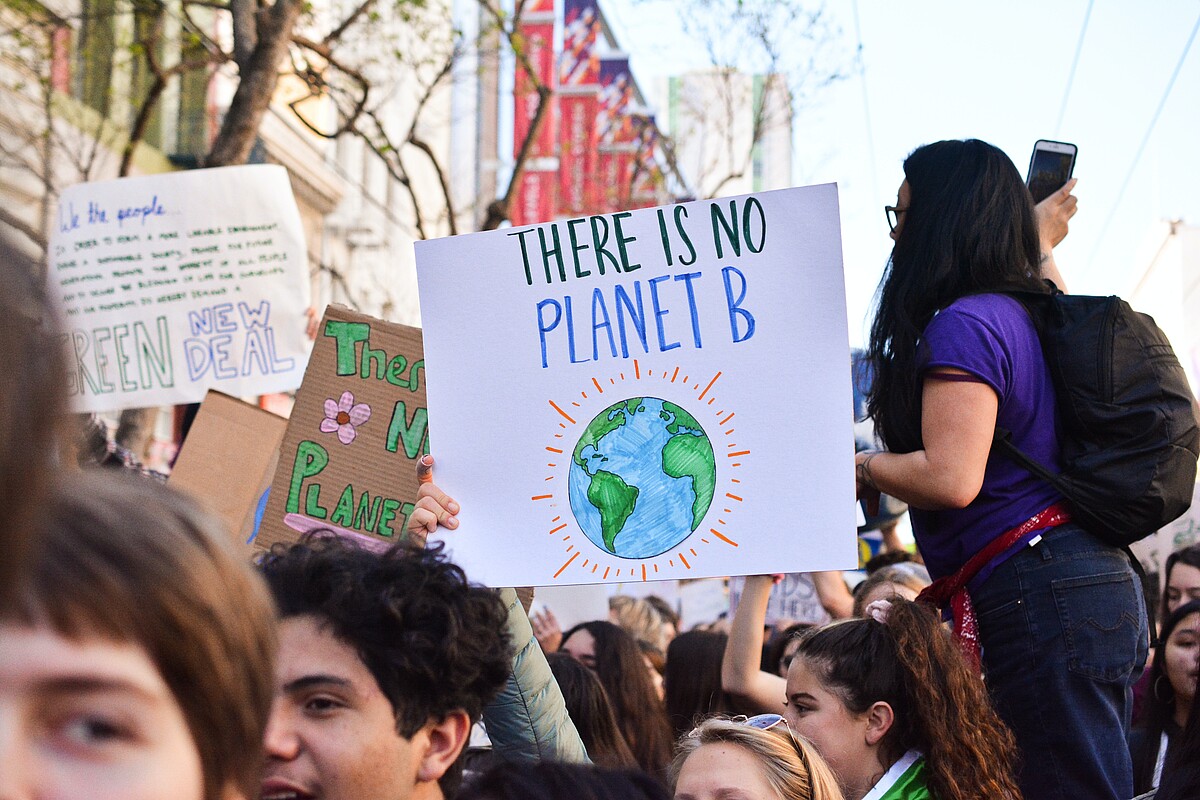 Photo shows an environmental protest and activists with posters about the planet