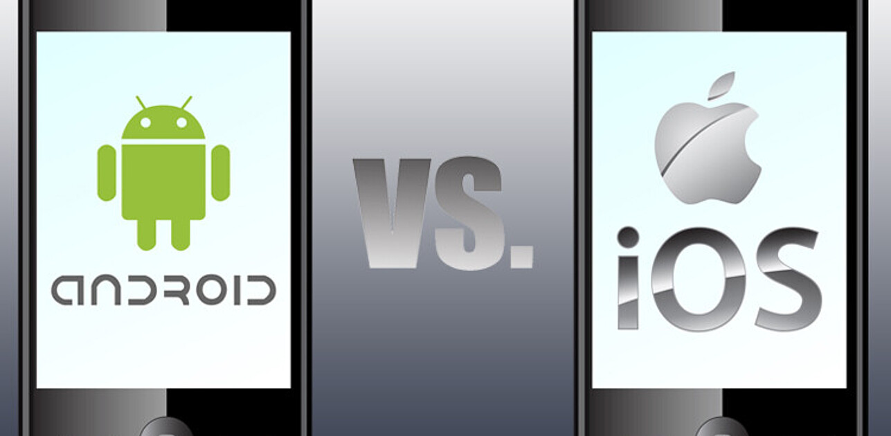 Two phones are shown on the screen. The left one has an Android logo and the right one an Apple logo. In the middle it says "versus". Android versus Apple.