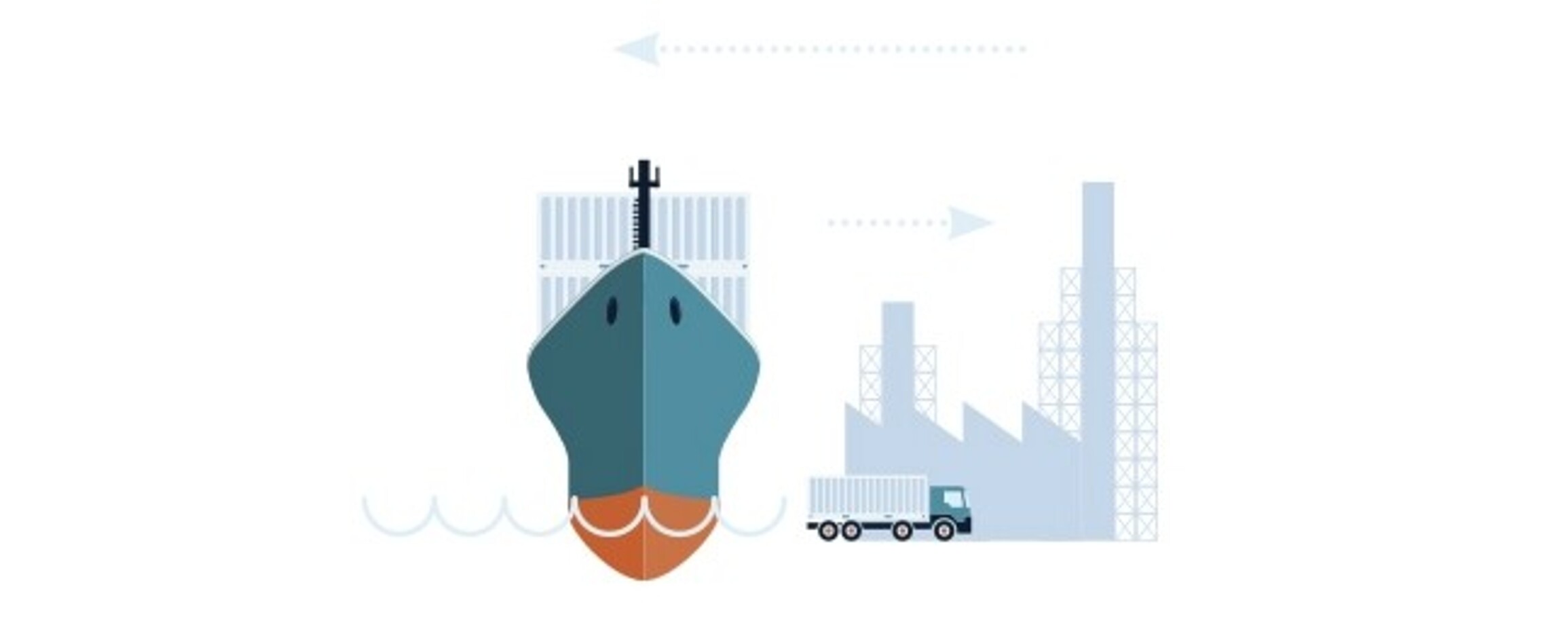 An abstract drawing of a ship next to an industry zone, together with a truck driving away.