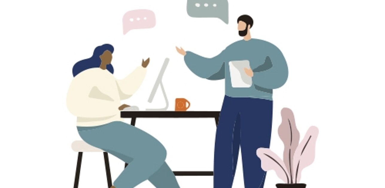 Two painted characters talking to each other.