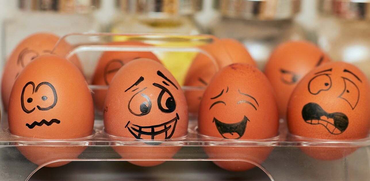 Image of eggs with various facial expressions drawn using a marker, illustrating a range of emotions.