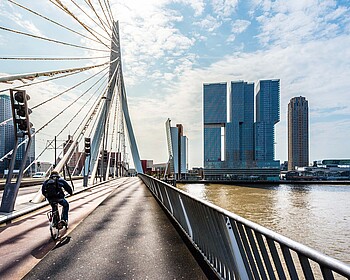 Rotterdam skyline with the Erasmus Bridge and a cyclist