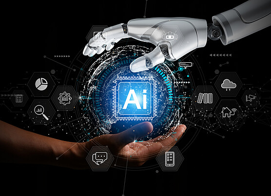 Robot and Human Hand Image with AI icon at the centre