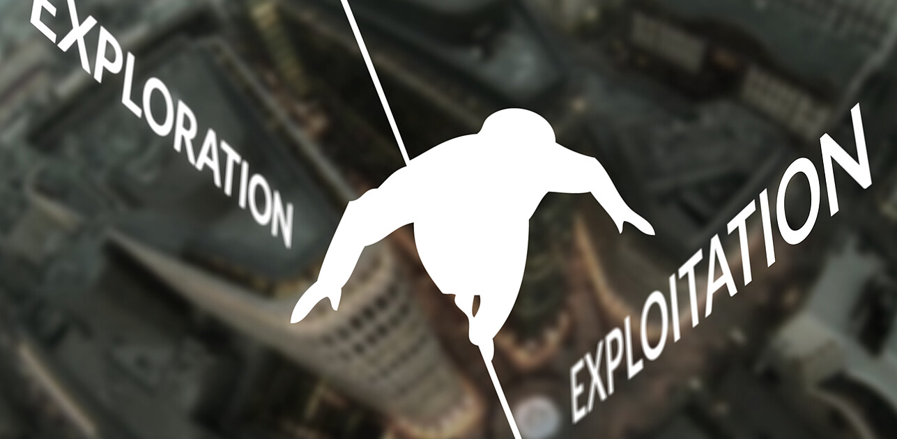 The image depicts a man balancing on a cord between two buildings, with the word "Exploration" on the left side of the cord and "Exploitation" on the right side.