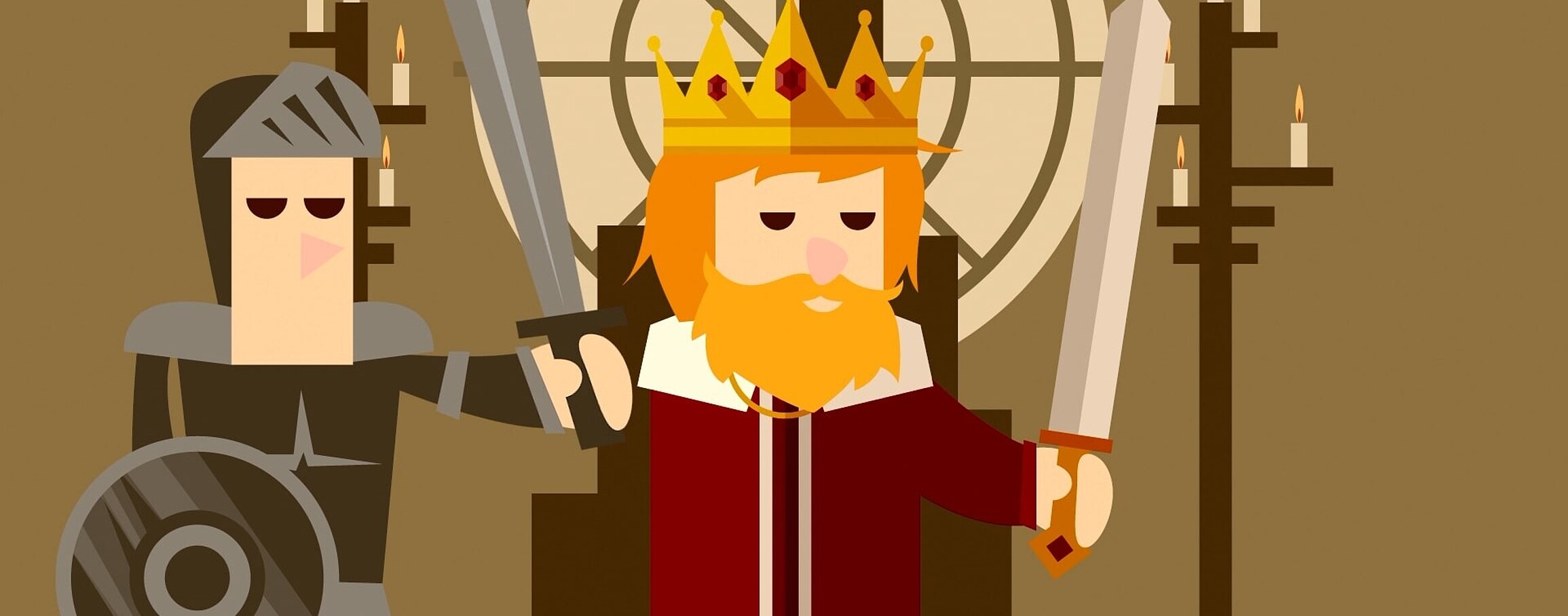 AI-generated depiction of a king and a soldier standing side by side, both raising their swords.