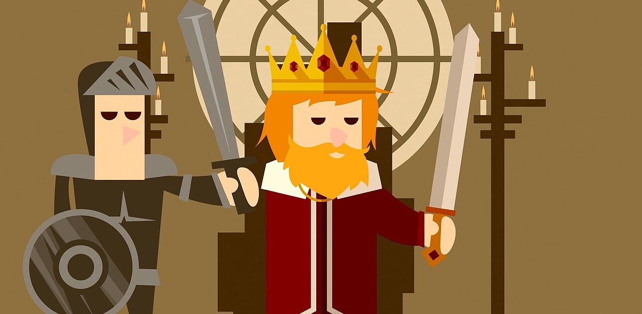 AI-generated depiction of a king and a soldier standing side by side, both raising their swords.