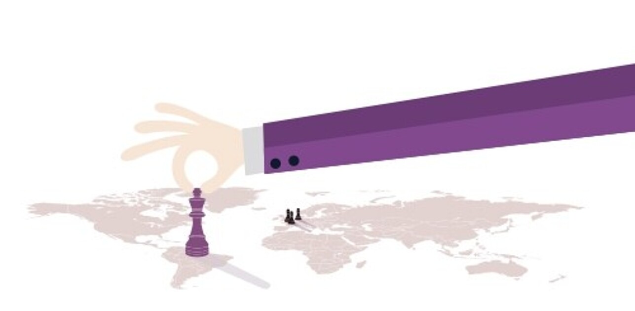 A queen, a piece from a chessboard, is relocated on the map towards South-America with several  pawns remaining on Europe