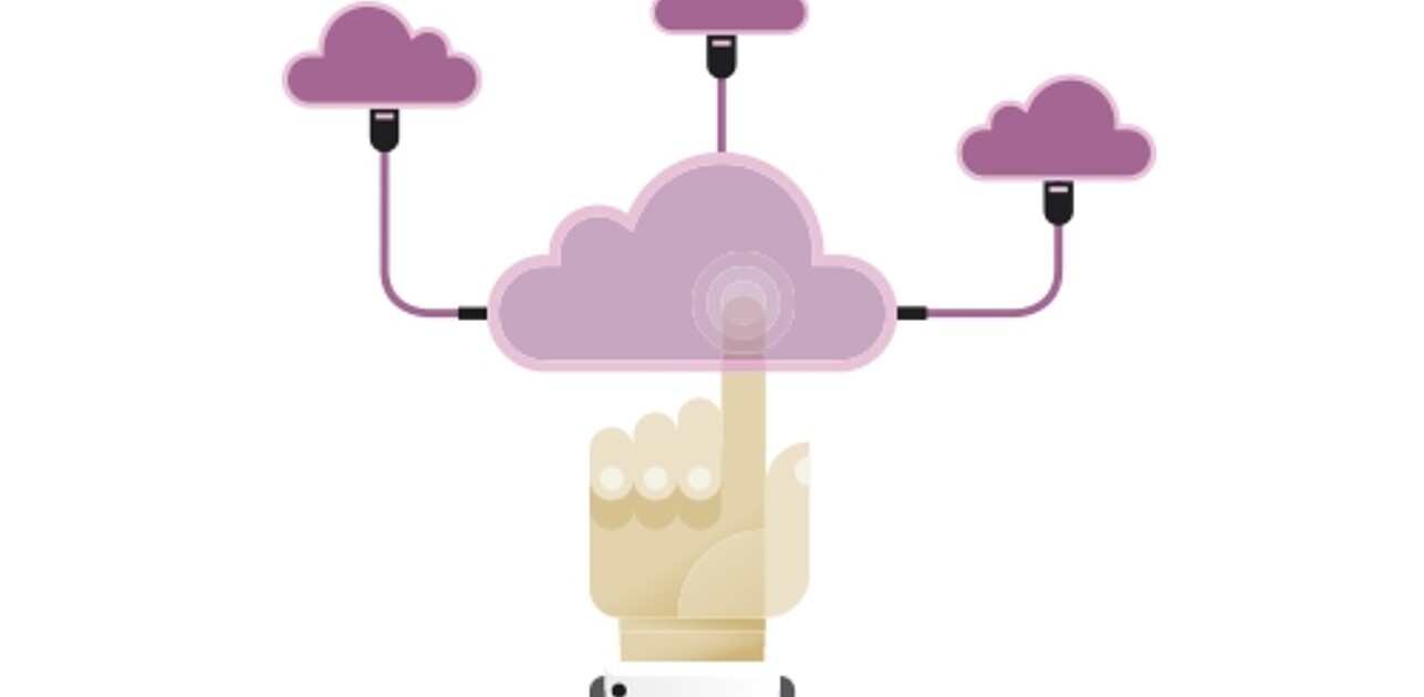 Hand pointing to a pink internet cloud, connected to three smaller clouds through usb ports