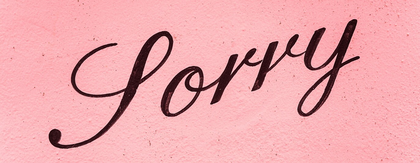 The word 'sorry' elegantly written in calligraphy on a pink background.