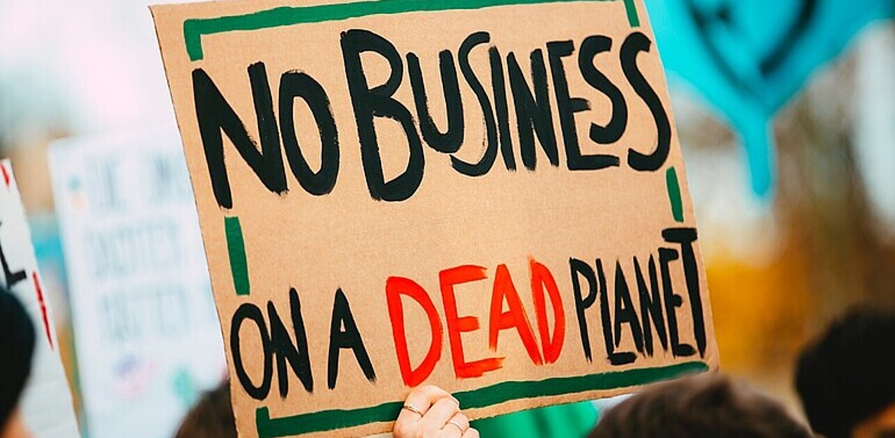 Poster held up stating "No business on a dead planet".