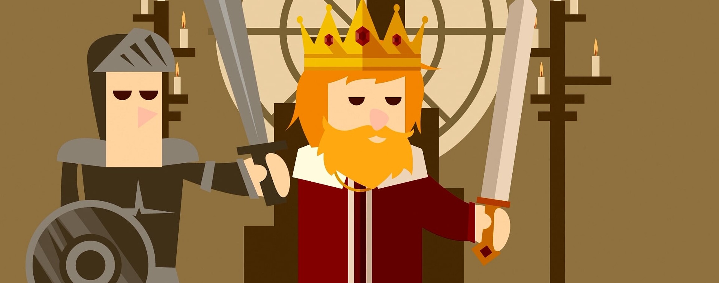 AI-generated depiction of a king and a soldier standing side by side, both raising their swords.