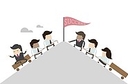 Pyramid illustration with two people on one side burdened by carrying a manager, and on the opposite side, two individuals being guided by a leader.