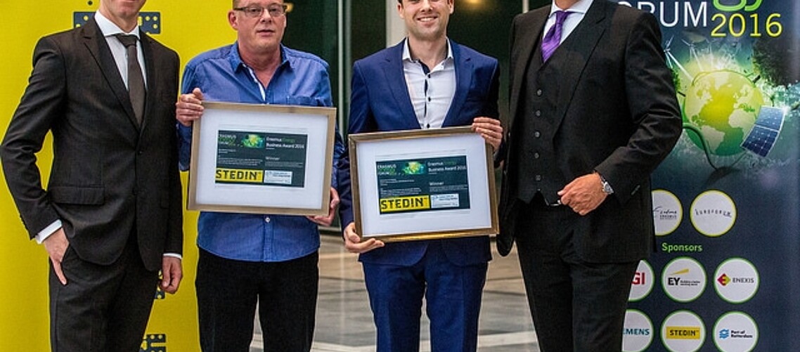 Erasmus Energy Business Award winners Geospin and Blue Motion Energy with Wolf Ketter (L) and Volker Beckers (R)