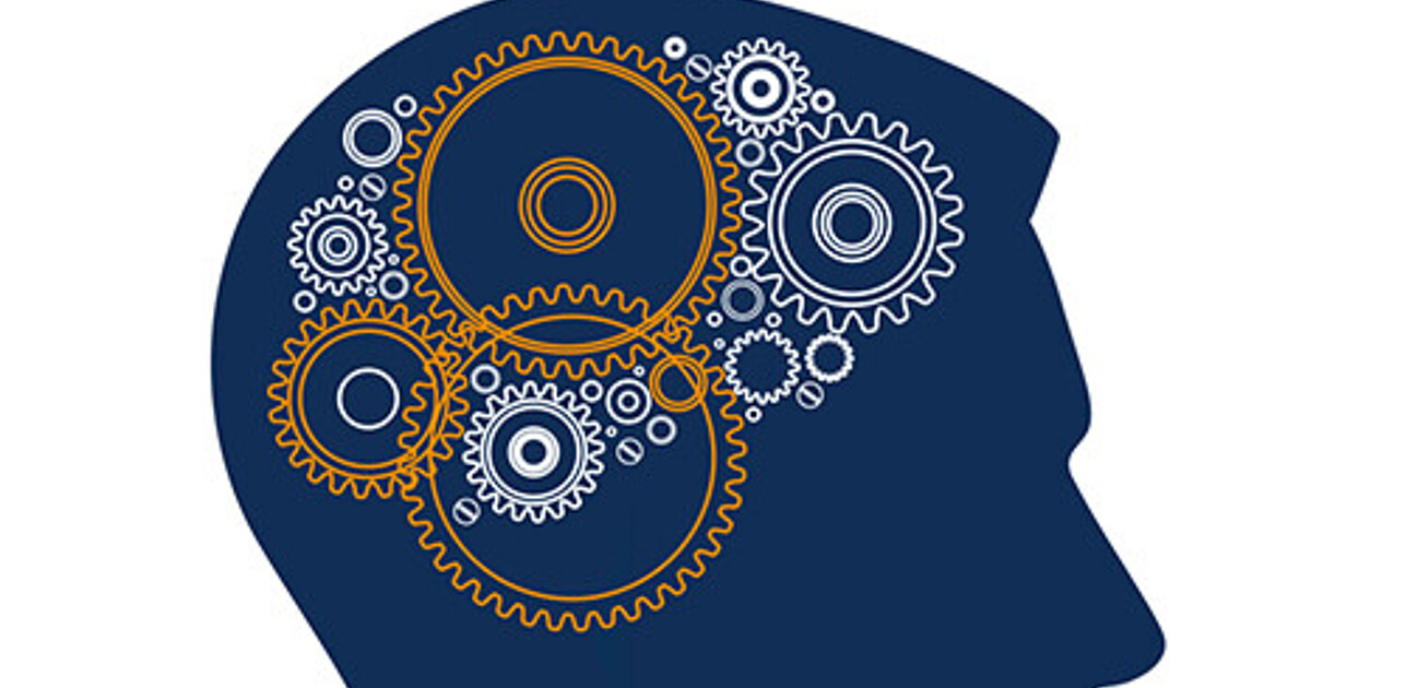 Profile of a head with gears inside, symbolizing thought processes and mental mechanics.