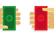 Two hands exchanging money bills: one green with a plus sign, representing a gain, and the other red with a minus sign, indicating a loss.