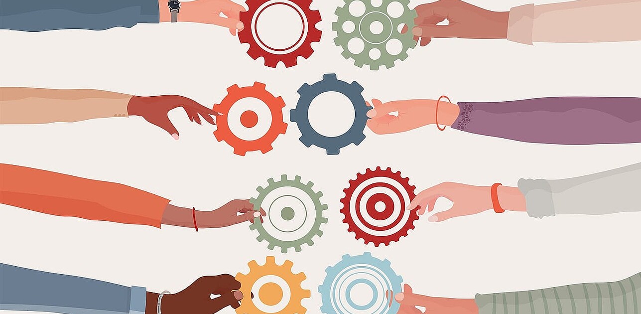 Illustration with four arms on each side each holding a gear in the middle