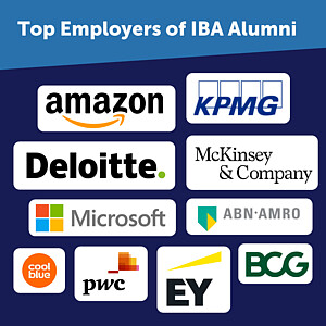 The picture depicts logos of top employers of IBA alumni include Amazon, KPMG, Deloitte, McKinsey &  Company, Microsoft, ABN Amro, Cool blue, PWC, EY, BCG.